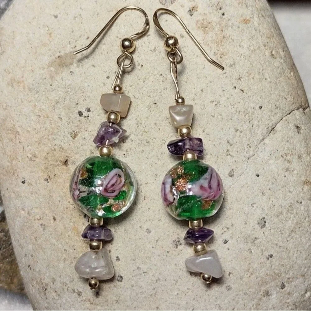 14k GF Murano Glass Foil Rose Bead Dangle Earrings